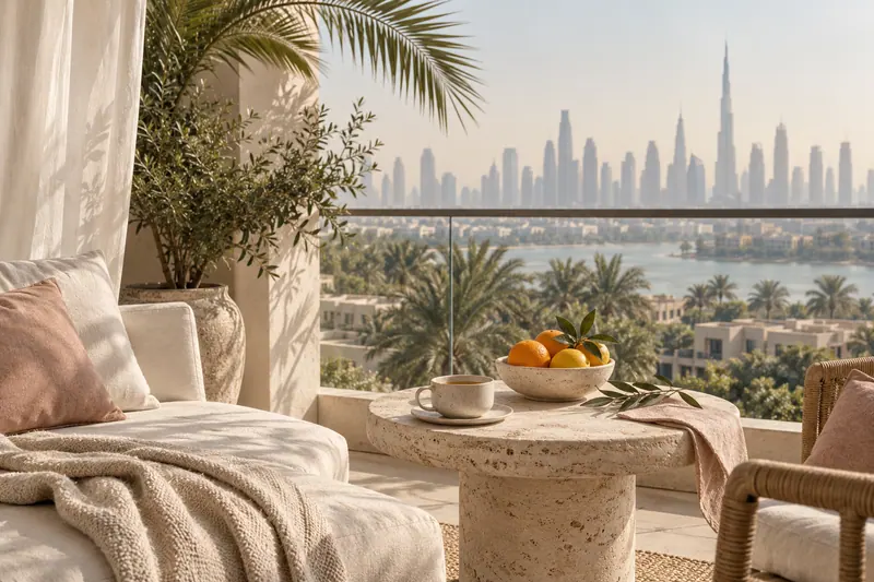 A quiet morning table on a sunlit apartment balcony